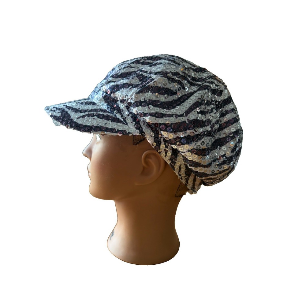 VTG Y2K Cabbie Paper Boy Hat Cap Hipster Zebra Prints Sequins Bling Sparkly O/S